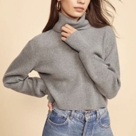 Reformation Luisa Cropped Ribbed Recycled Cashmere-Blend Turtleneck Sweater Gray - Picture 1 of 11